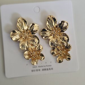 Gold Flower Earrings Double Flower Statement Earring for Women, Large Gold Floral Earrings