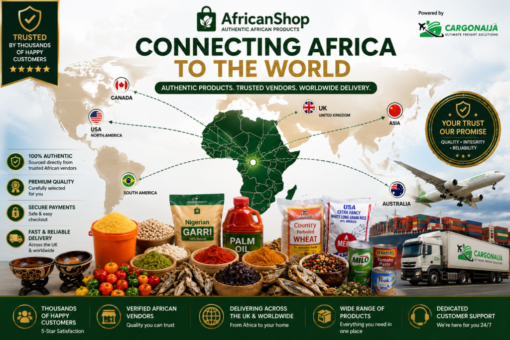 African grocery marketplace with worldwide delivery from Africa to UK