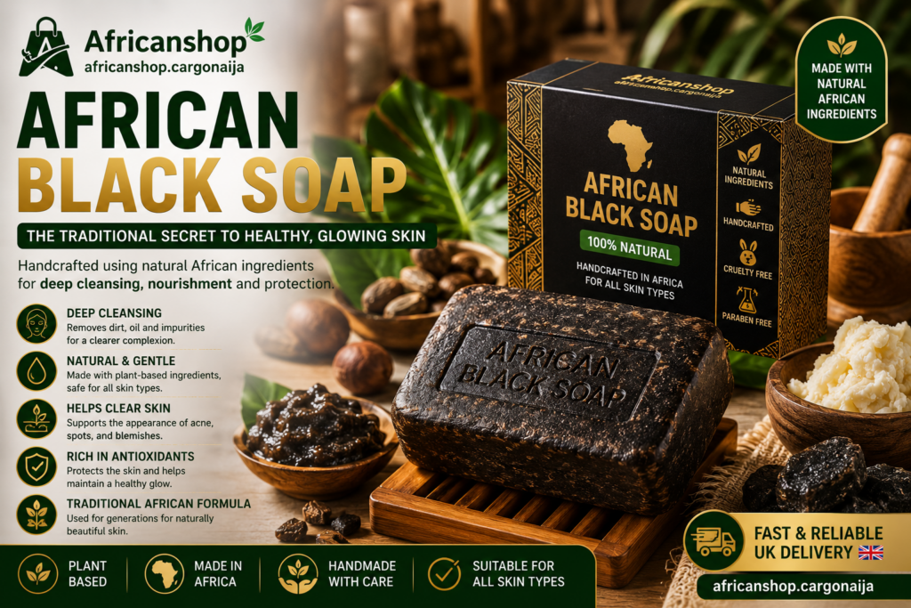 Traditional African black soap used for cleansing, skincare, acne care and healthy skin routines.