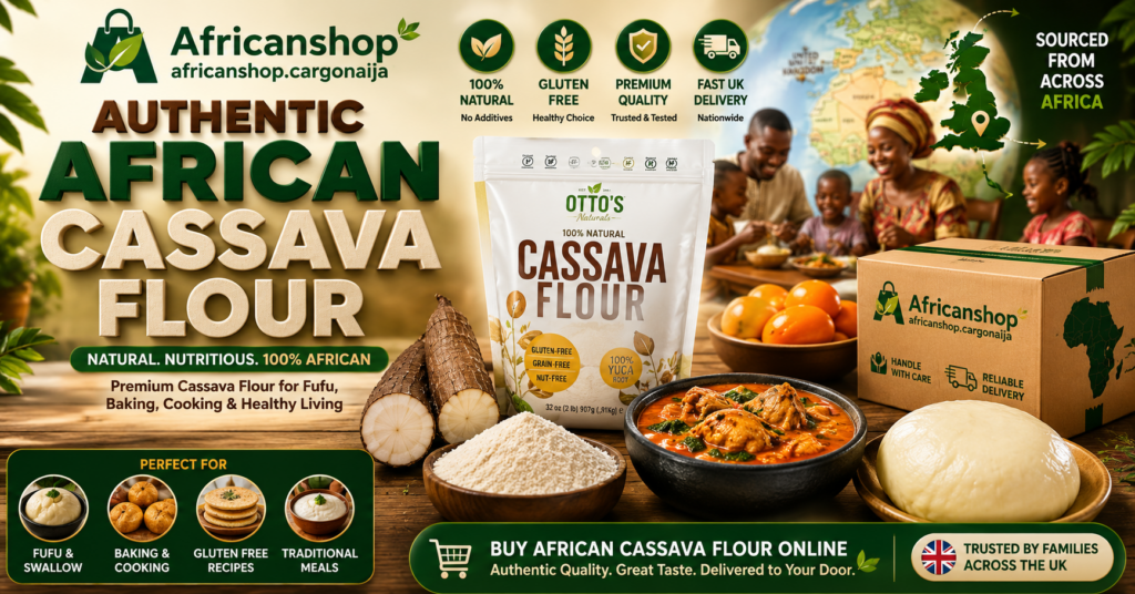 Authentic African cassava flour available online in the UK including premium cassava flour for fufu, baking, cooking and traditional African meals with fast UK delivery.
