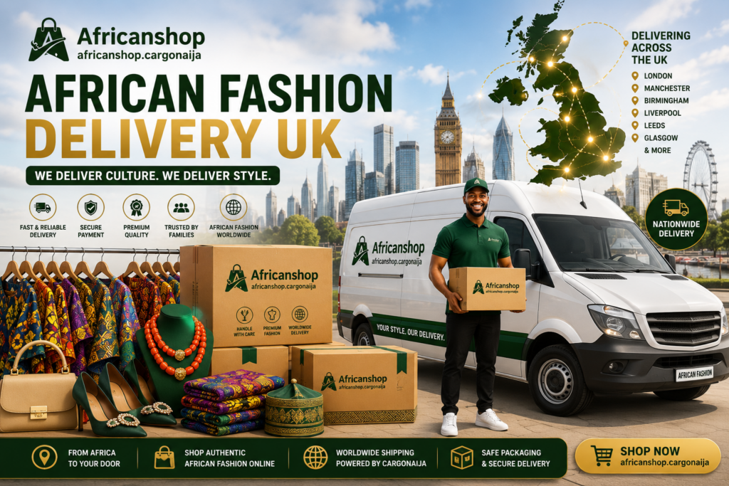 African clothing delivery UK featuring African fashion, Ankara clothing, agbada, traditional African wear and nationwide delivery.