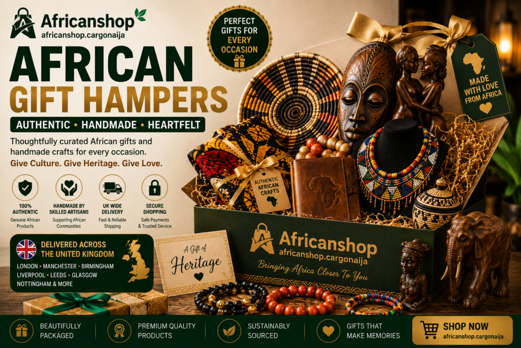Luxury African gift hamper containing handmade crafts, jewellery, baskets and cultural gifts.