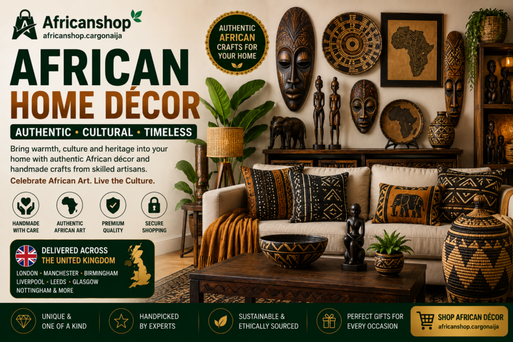 African home décor including handmade wall art, masks, sculptures and decorative accessories.