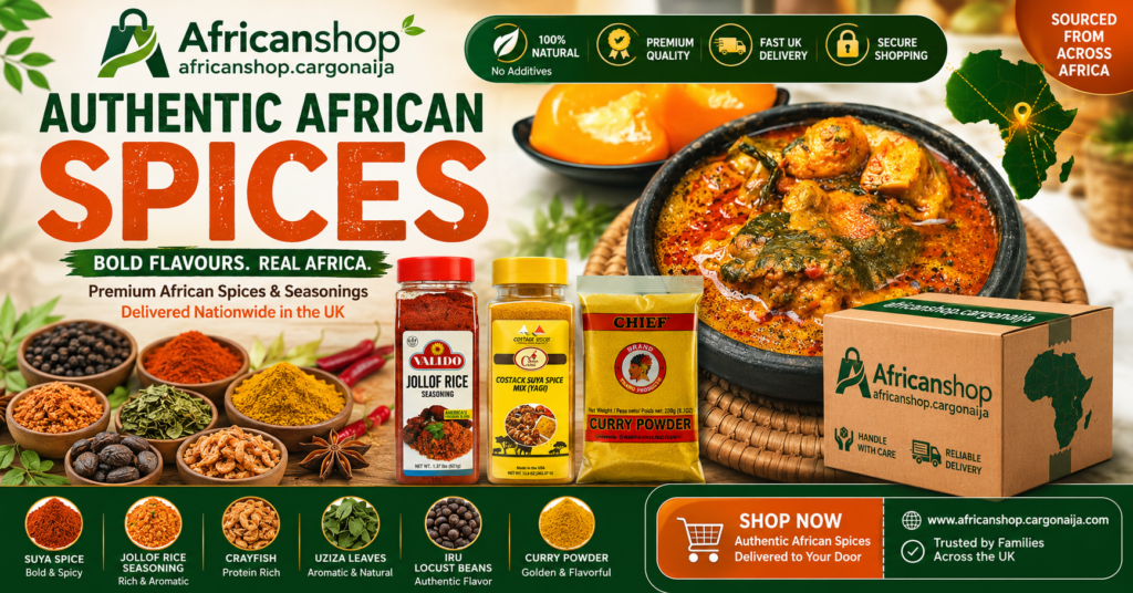 Buy African spices online in the UK including suya spice, curry powder, jollof rice seasoning, uziza leaves, locust beans and authentic African seasonings from trusted African vendors.