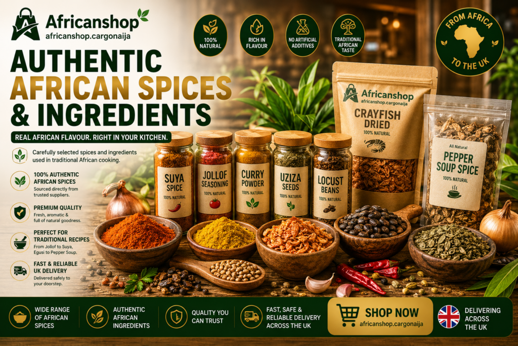 African spices online UK including suya spice jollof seasoning curry powder uziza and locust beans