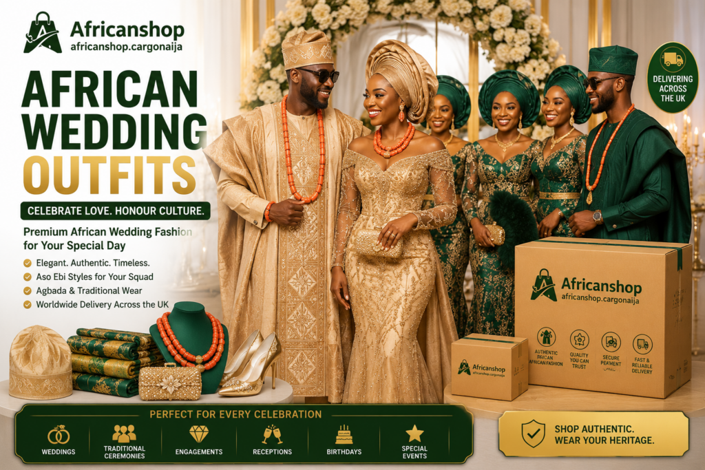 African wedding outfits featuring agbada, aso ebi styles, traditional African bridal wear and premium wedding fashion.