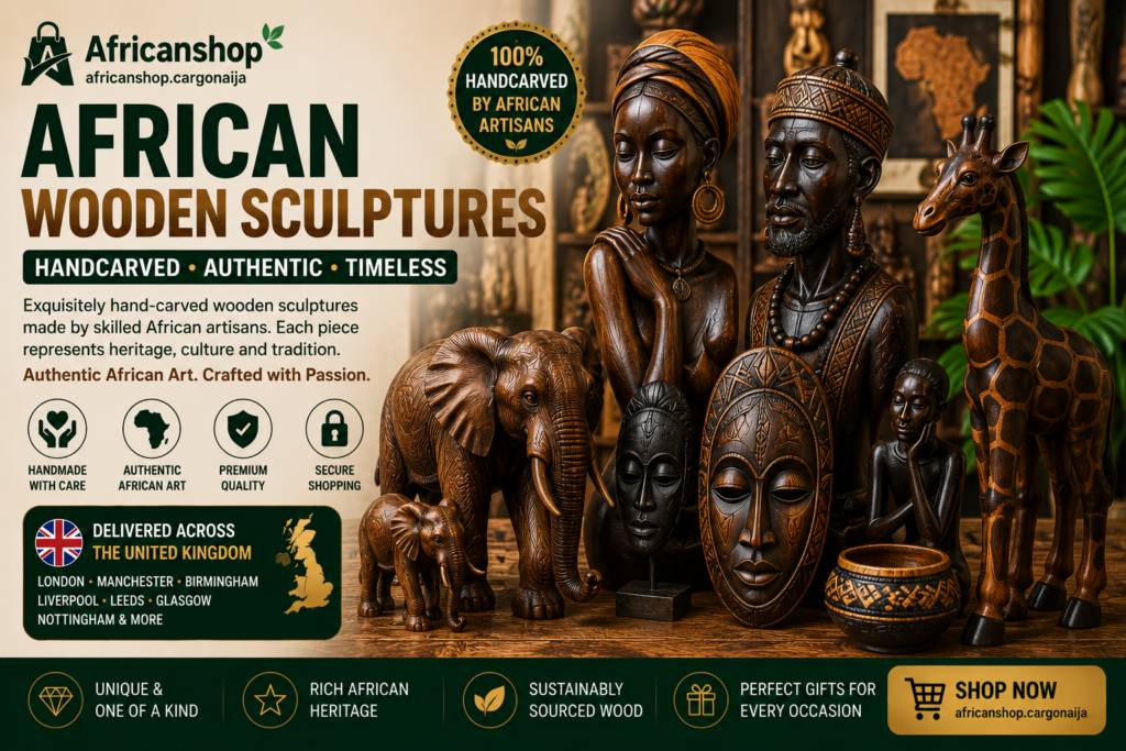 Hand-carved African wooden sculptures and traditional African decorative art pieces.