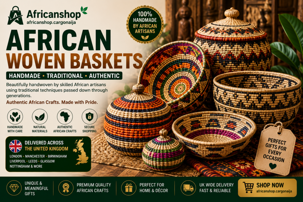Handwoven African baskets made by skilled artisans using traditional weaving techniques.