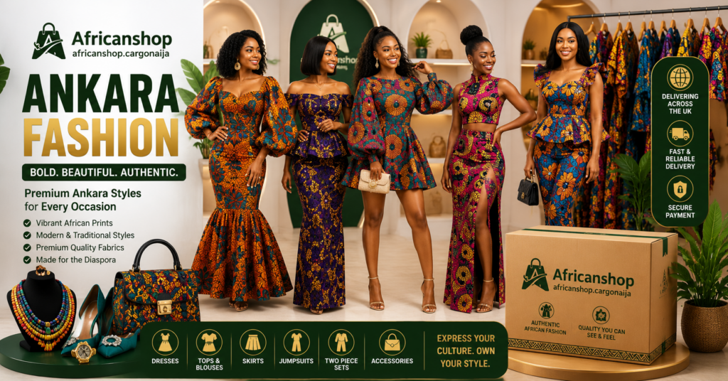 Authentic Ankara fashion featuring colourful African dresses, Ankara skirts, tops and modern African clothing available online in the UK.