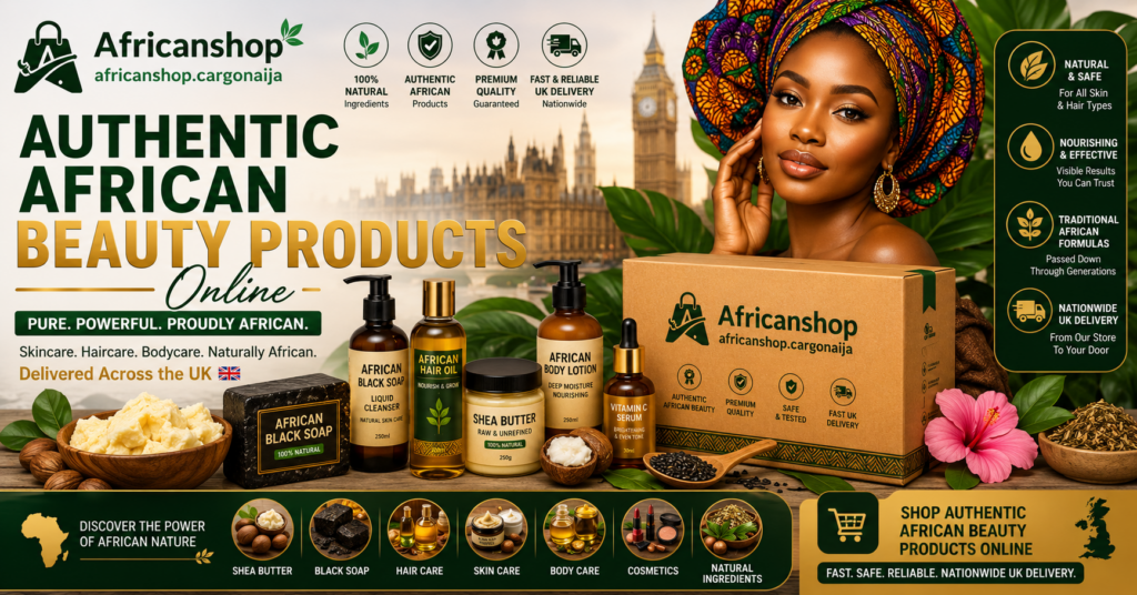 Authentic African beauty products online in the UK including African black soap, shea butter, natural skincare products, hair oils, body creams and beauty essentials with nationwide delivery.