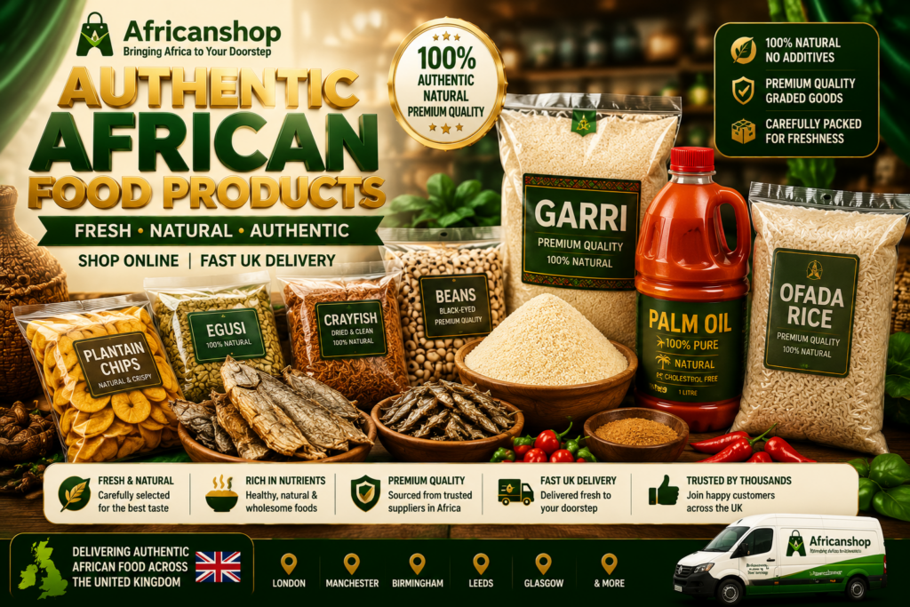 African food products online UK including garri egusi palm oil stockfish crayfish and ofada rice