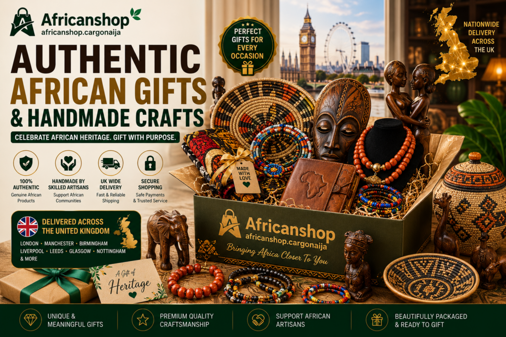 Authentic African gifts and handmade crafts including African jewellery, woven baskets, wooden sculptures, masks and artisan-made cultural products delivered throughout the UK.
