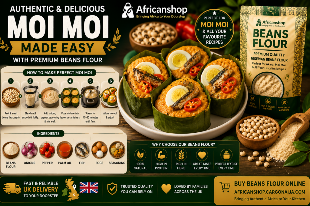 Traditional Nigerian moi moi prepared using premium beans flour and African ingredients
