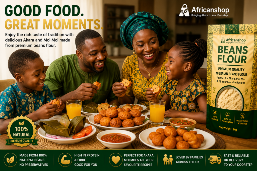 African family enjoying akara and moi moi prepared using premium Nigerian beans flour