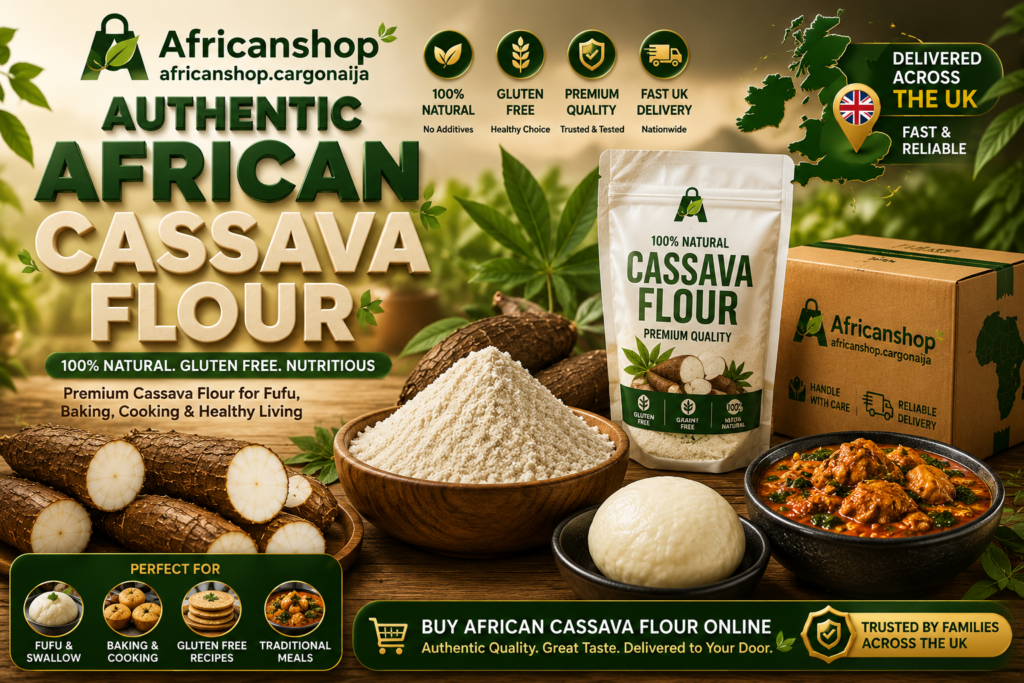 Premium African cassava flour available online in the UK, showing cassava roots, cassava flour, fufu, traditional African meals and nationwide UK delivery from Africanshop Cargonaija.