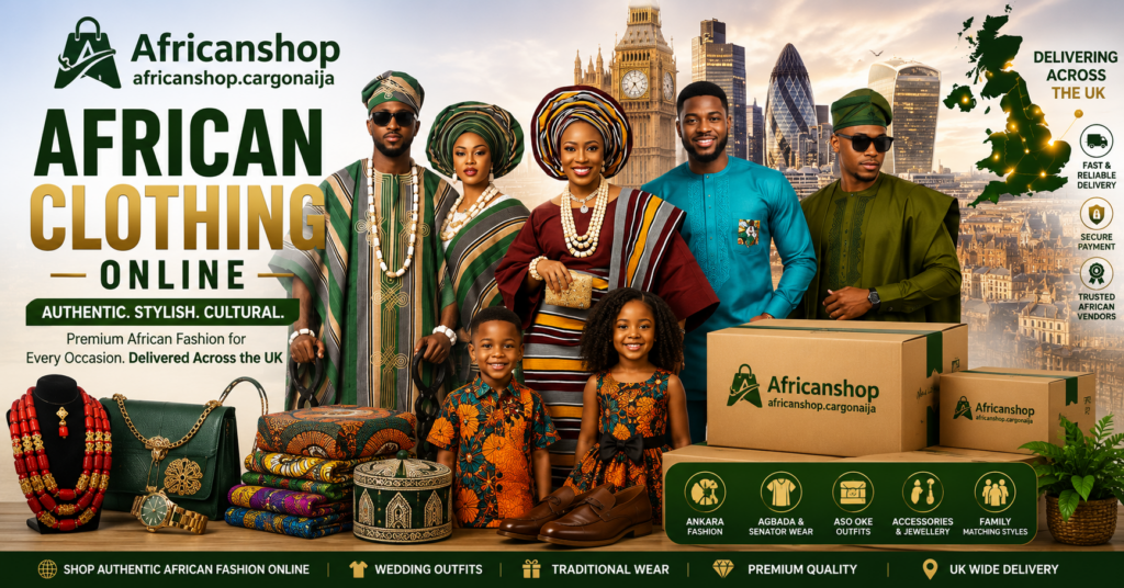 African clothing online featuring Ankara fashion, Aso Oke outfits, Agbada, senator wear, African family clothing, traditional African accessories and authentic African fashion delivered across the UK.