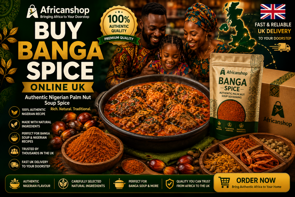 Buy Banga Spice online UK featuring authentic Nigerian palm nut soup spice, traditional African ingredients, premium seasoning blend, fast UK delivery and Africanshop marketplace