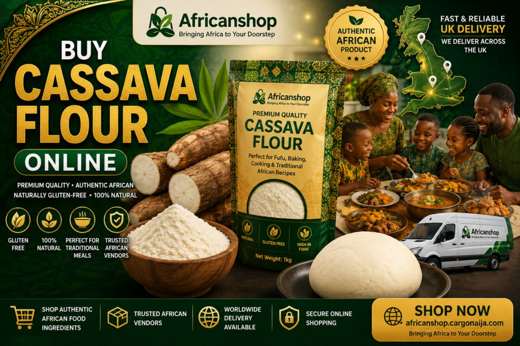 Premium cassava flour online UK with fresh cassava roots, African food ingredients, fufu and worldwide delivery