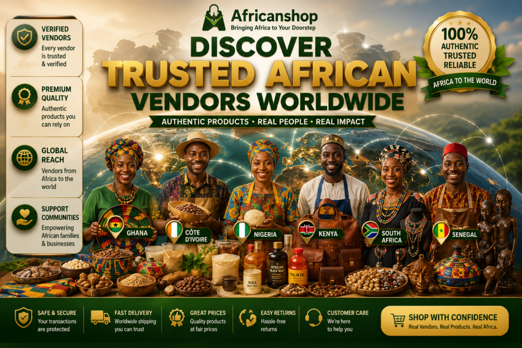 Trusted African vendors worldwide selling authentic African food, fashion, beauty products, handmade crafts, gifts and cultural products through Africanshop marketplace