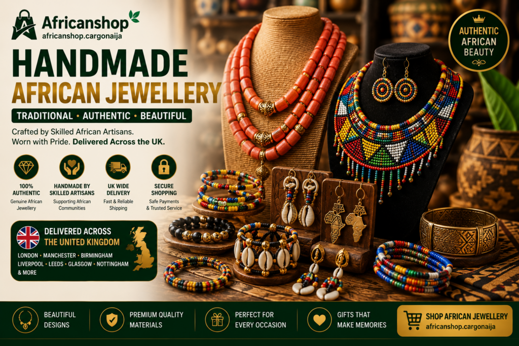 Handmade African jewellery featuring traditional bead necklaces, bracelets, earrings and artisan-crafted accessories.