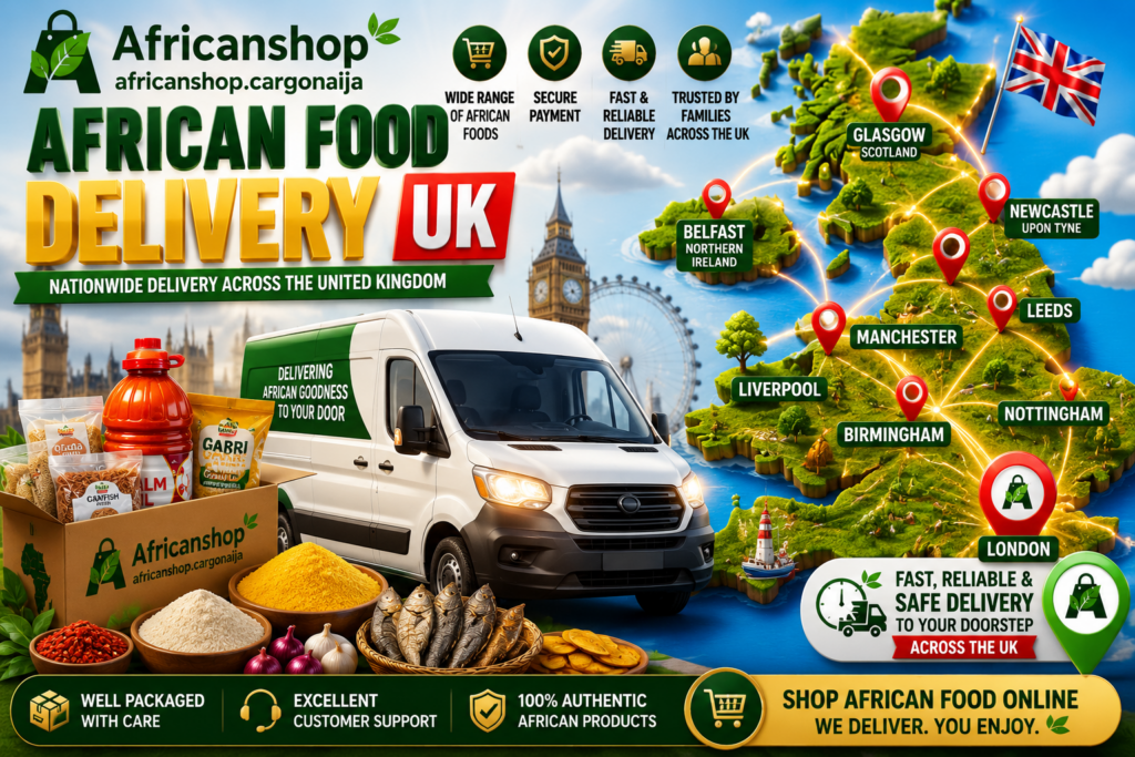UK map showing nationwide African food delivery service from Africanshop Cargonaija to London, Birmingham, Manchester, Liverpool, Leeds and Glasgow.