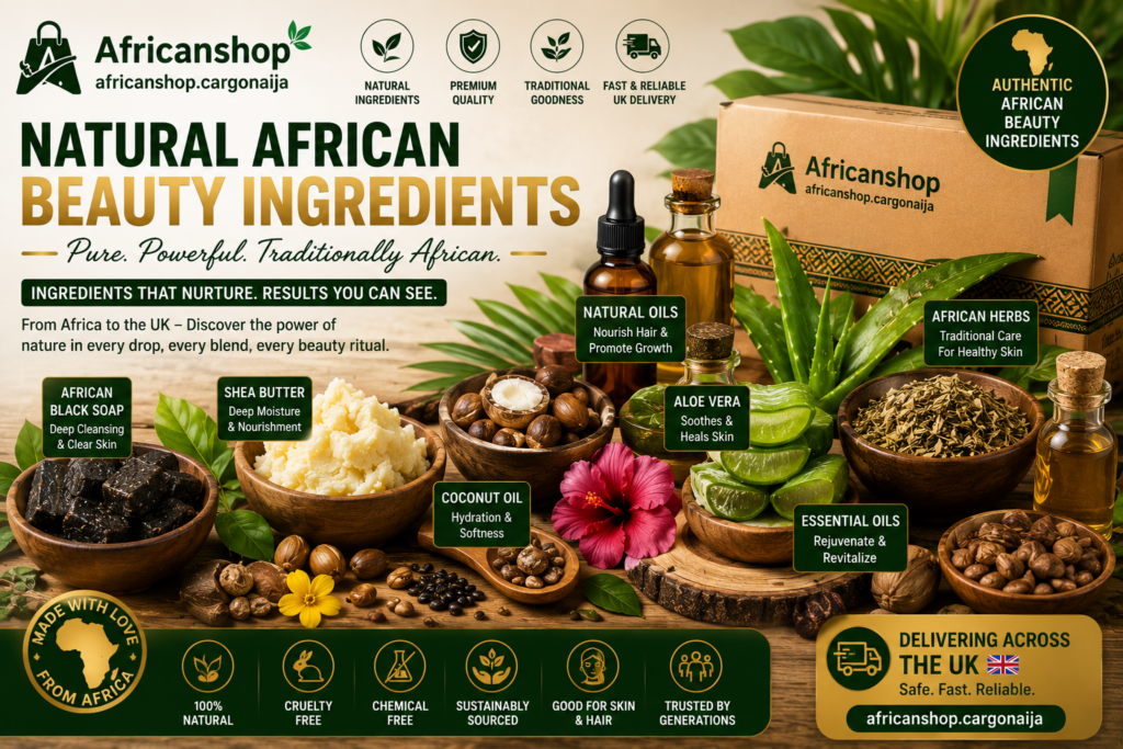 African beauty ingredients including shea butter, black soap, coconut oil, herbs and natural oils