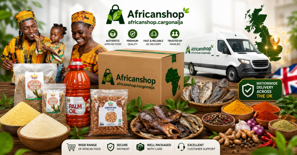 African groceries including garri, egusi, palm oil, stockfish, crayfish, yam flour and Ofada rice available for online delivery in the UK.