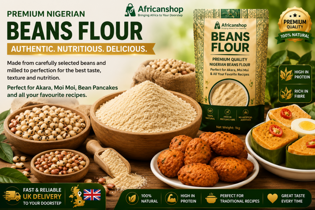 Premium Nigerian beans flour online UK made from carefully selected beans, ideal for akara, moi moi, bean cakes and traditional African recipes with fast UK delivery