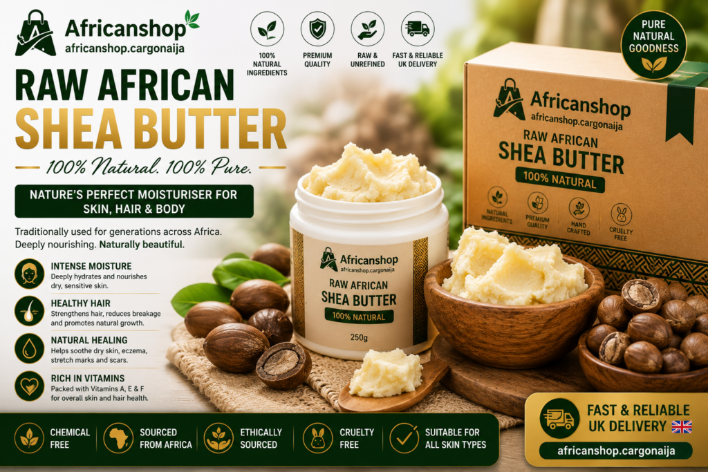 Raw African shea butter for skin moisturising, hair care and natural beauty treatments.