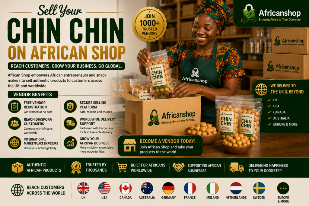 African snack vendor selling Chin Chin online through Africanshop marketplace