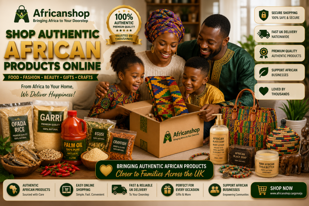 African family shopping online for authentic African food fashion beauty products and gifts in the UK