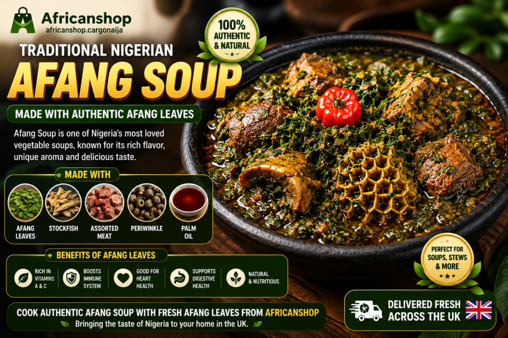Traditional Nigerian Afang soup prepared with afang leaves stockfish meat and palm oil