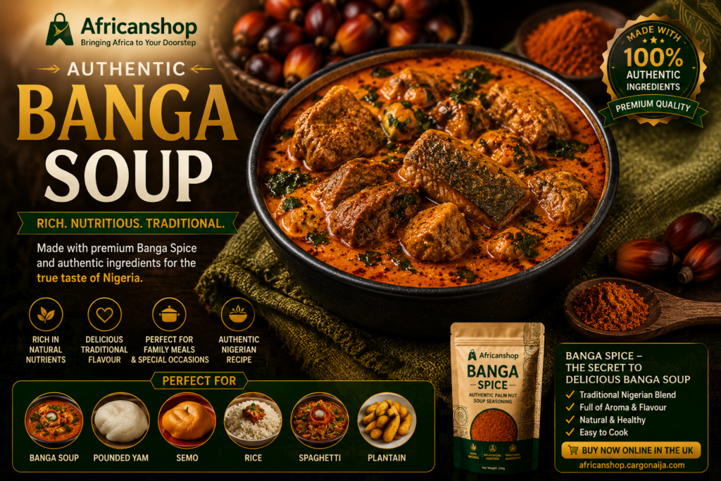 Traditional Nigerian Banga Soup cooked using authentic Banga Spice and palm fruit extract
