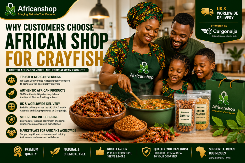 African family cooking traditional Nigerian soup using crayfish purchased online