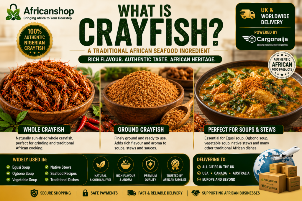Whole dried crayfish and ground crayfish used in Nigerian soups and African cooking