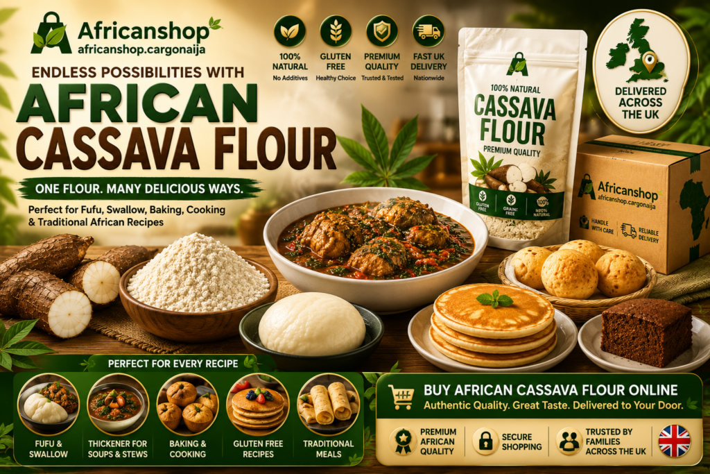 Premium African cassava flour available online in the UK, showing cassava roots, cassava flour, fufu, traditional African meals and nationwide UK delivery from Africanshop Cargonaija.