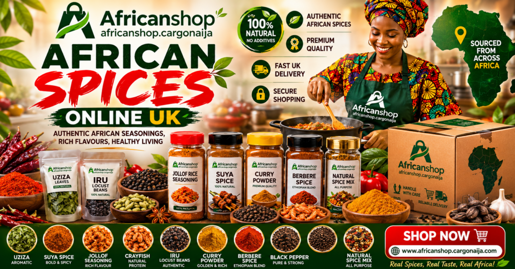Buy African spices online in the UK including suya spice, curry powder, jollof rice seasoning, uziza leaves, locust beans and authentic African seasonings from trusted African vendors.