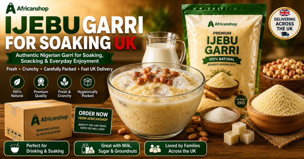 Ijebu garri for soaking with milk sugar and groundnuts available online in the UK