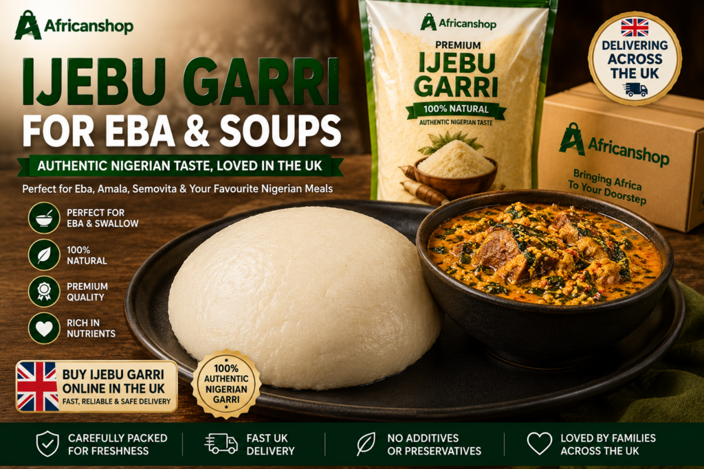 Ijebu garri UK used for making eba served with Nigerian soup and African meals