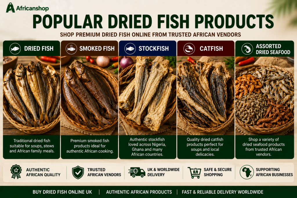 Popular African dried fish products online UK including dried fish smoked fish stockfish catfish and assorted dried seafood