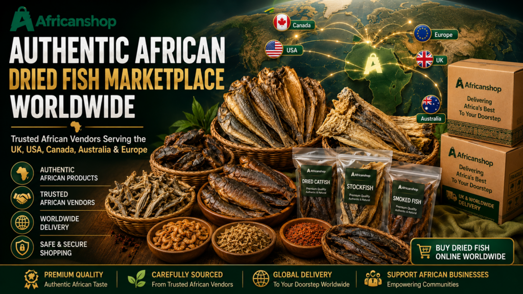 Authentic African dried fish marketplace with UK USA Canada Australia and Europe delivery from trusted African vendors