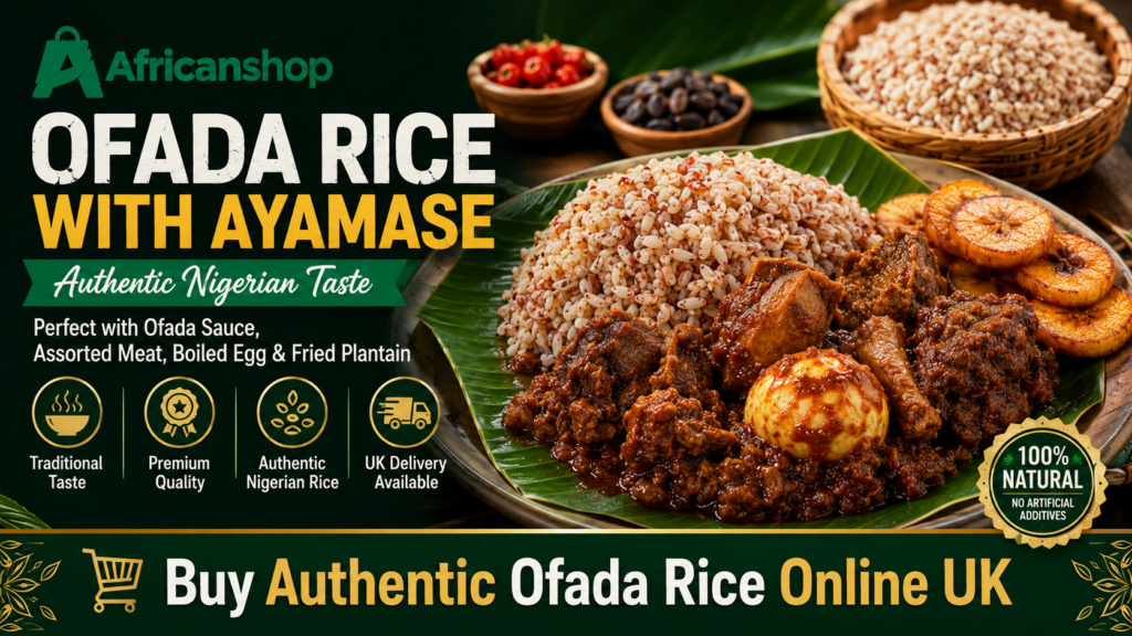 Ofada rice with ayamase stew ofada sauce assorted meat boiled egg and fried plantain for Nigerian meals in the UK