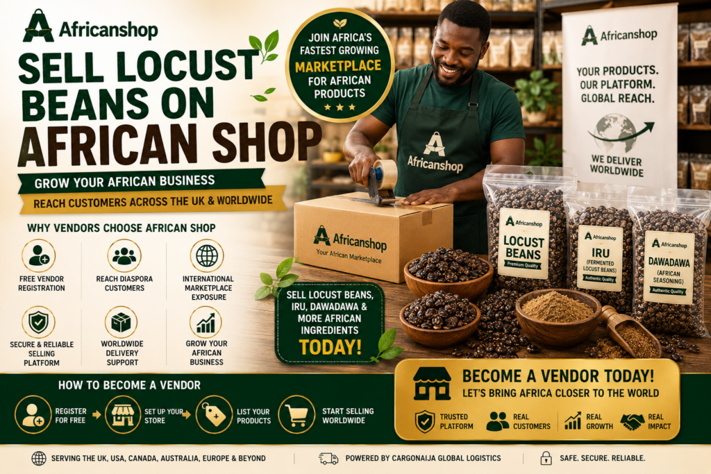 Sell locust beans on African Shop marketplace for vendors selling iru dawadawa African seasonings Nigerian food products and traditional ingredients worldwide