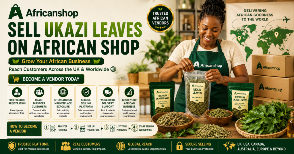 Sell Ukazi leaves on African Shop marketplace for vendors selling African vegetables Nigerian food products traditional ingredients and African groceries worldwide