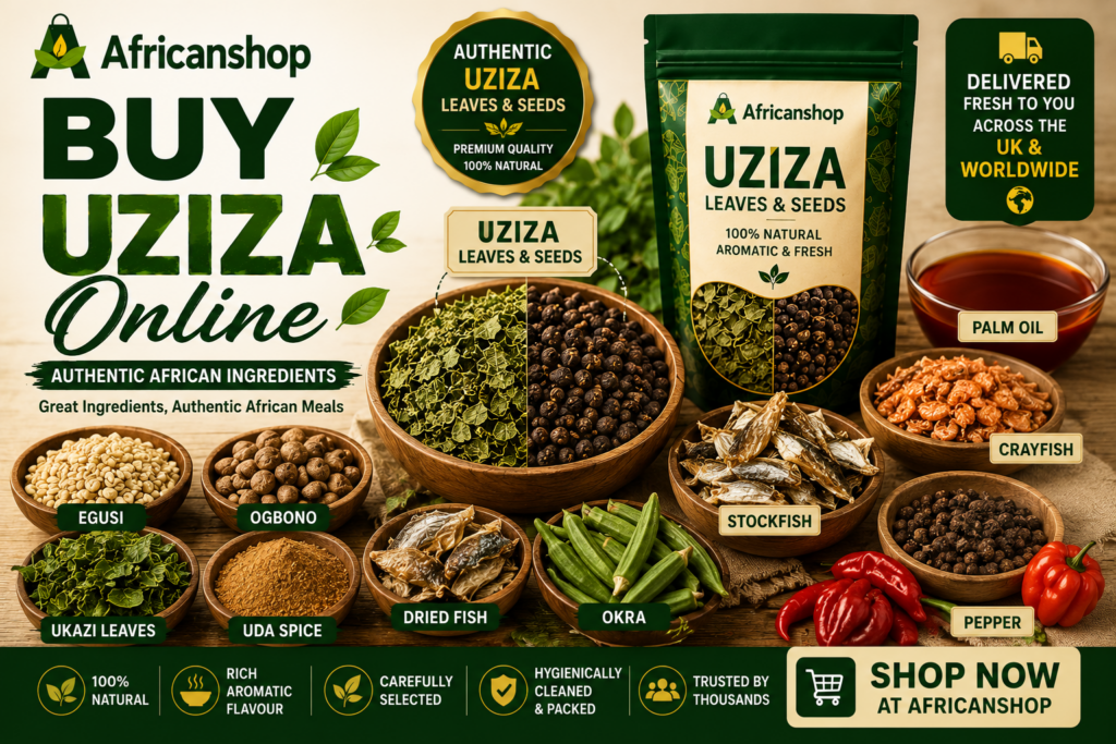 Popular ingredients bought with Uziza online including egusi ogbono palm oil crayfish stockfish dried fish Ukazi leaves Uda spice pepper and okra