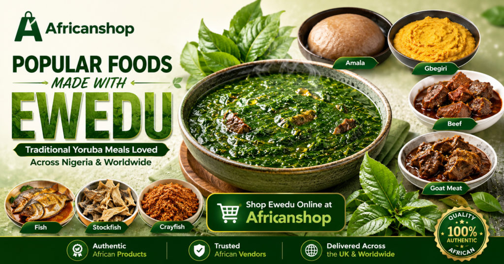 Ewedu soup with amala gbegiri beef goat meat assorted meat fish stockfish and crayfish for traditional Nigerian meals