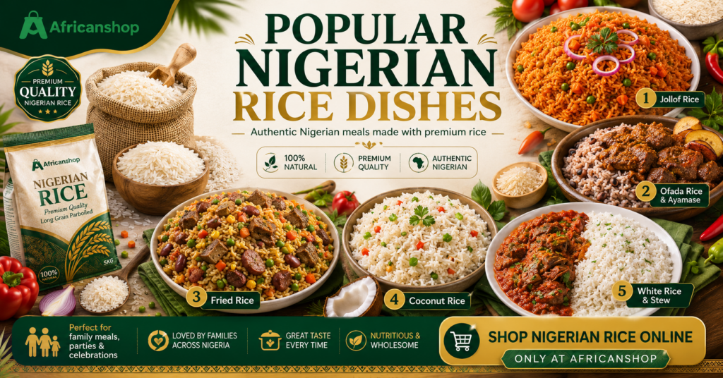 Popular Nigerian rice dishes UK including jollof rice Ofada rice and ayamase fried rice coconut rice and white rice with stew