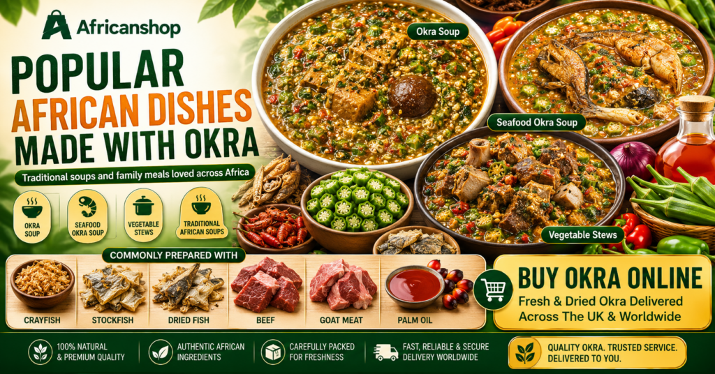 Okra soup seafood Okra soup vegetable stew and traditional African soup with crayfish stockfish dried fish beef goat meat and palm oil