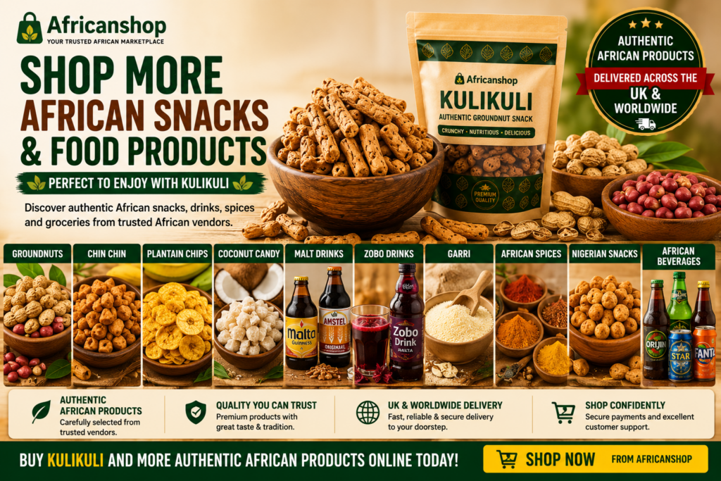 Popular products bought with Kulikuli online including groundnuts chin chin plantain chips coconut candy malt drinks zobo drinks garri African spices Nigerian snacks and African beverages