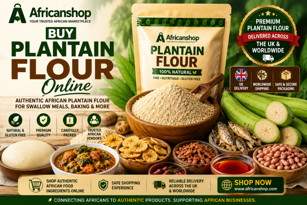 Buy plantain flour online including green plantain flour unripe plantain flour gluten free plantain flour for swallow meals soups baking and African cooking delivered across the UK and worldwide